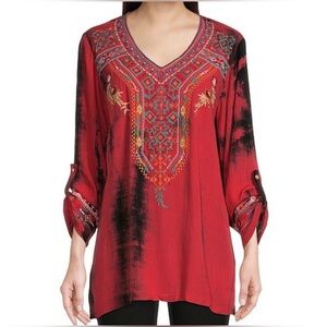 Calessa Tie Dye print  Bohemian Red Embroidered Women's Tunic,size XL
